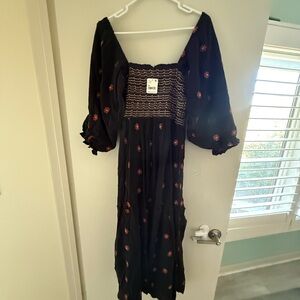 Free People Black Maxi Dress with Red Floral Pattern